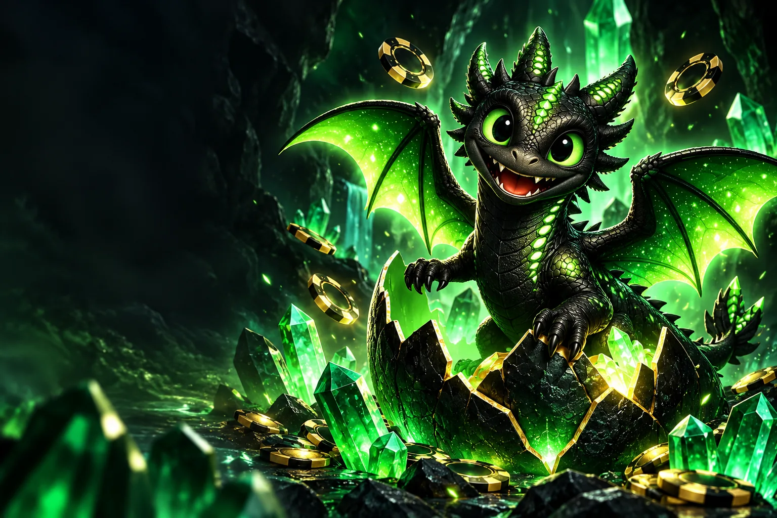 Schwarzer Drache zwischen leuchtenden Smaragdkristallen